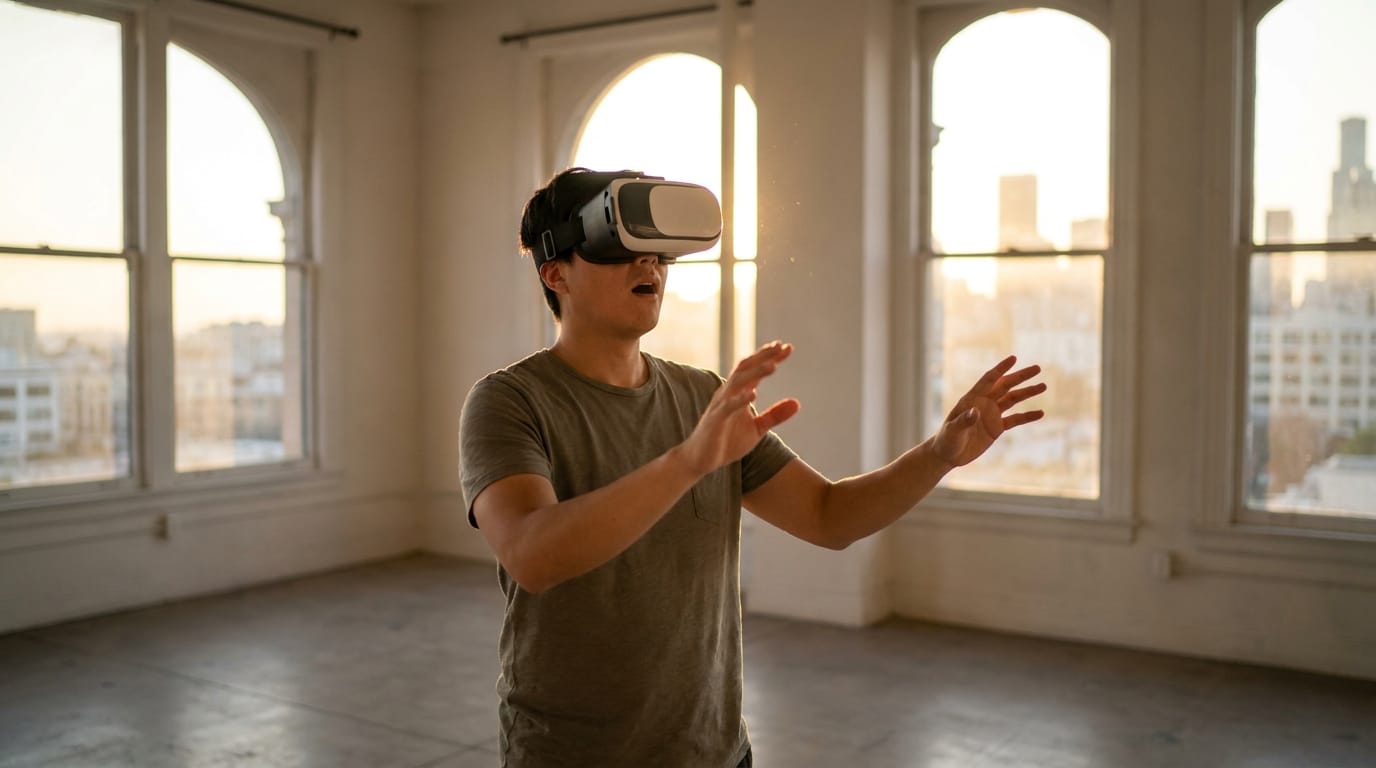 אדם חווה סיור וירטואלי בדירה באמצעות משקפי VR